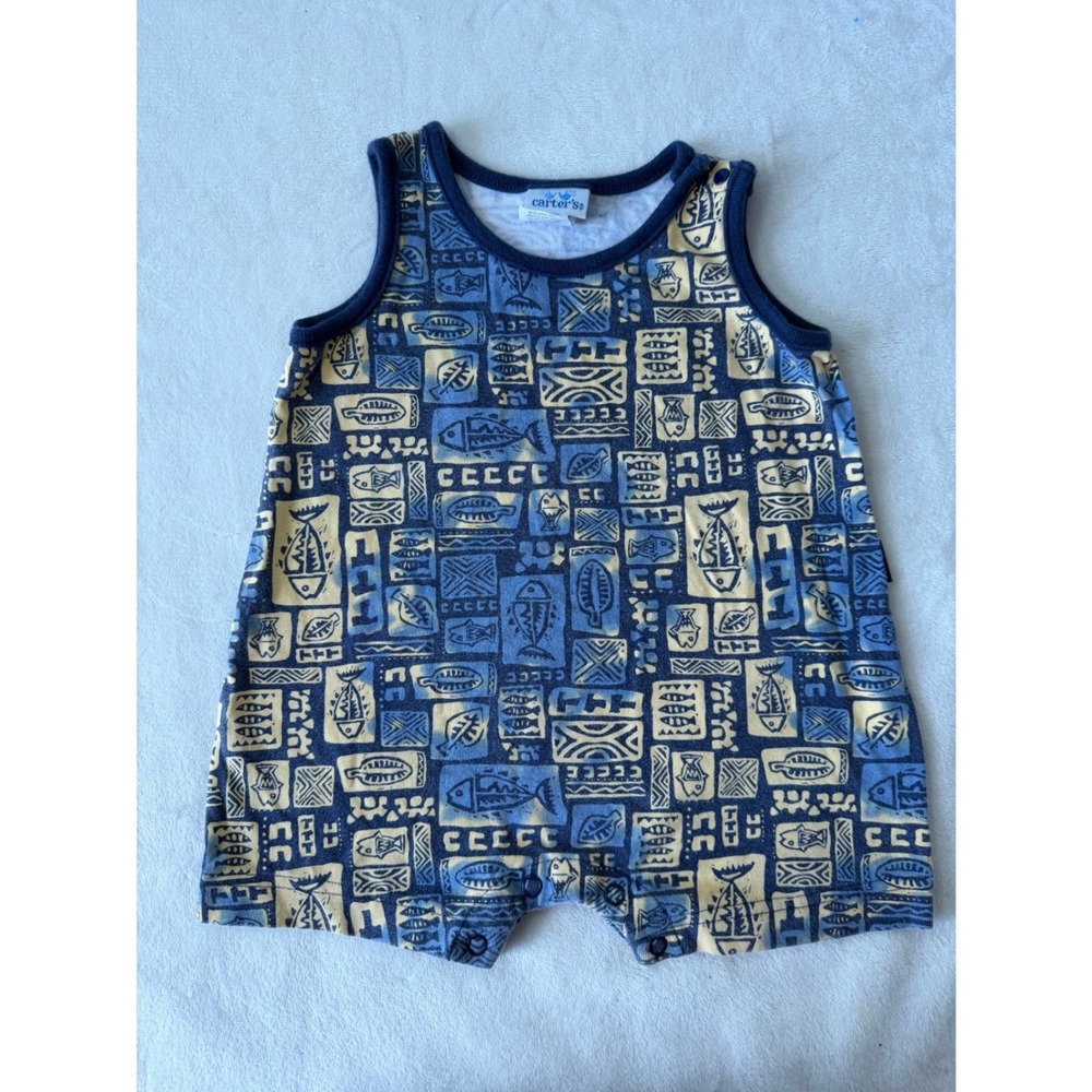 Carters Vintage Blue Yellow Geometric Fish Print Sleeveless Romper 9-12M